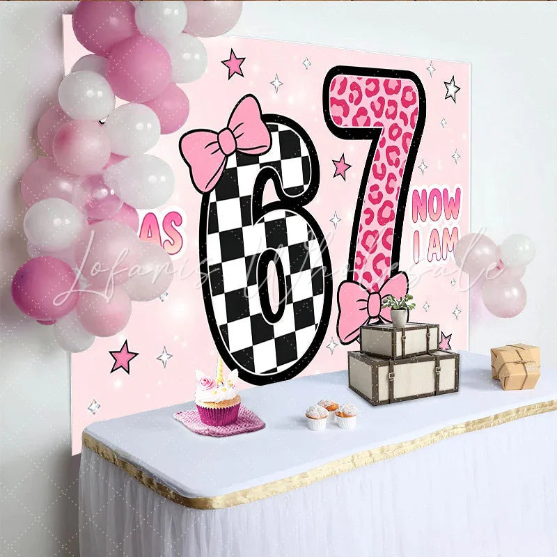 Lofaris Pink 7th Birthday Backdrop with Checkerboard and Leopard Print Cute Party Background for Girls Photoshoot and Celebration