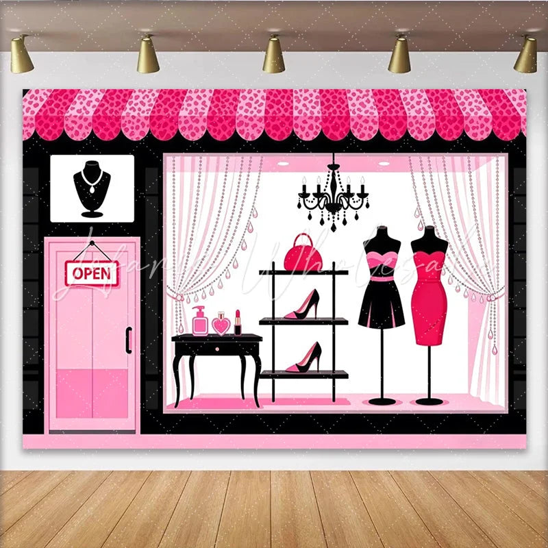Lofaris Pink and Black Fashion Boutique Photography Backdrop with Elegant Shop Window Glamour Studio Background for Women and Girls