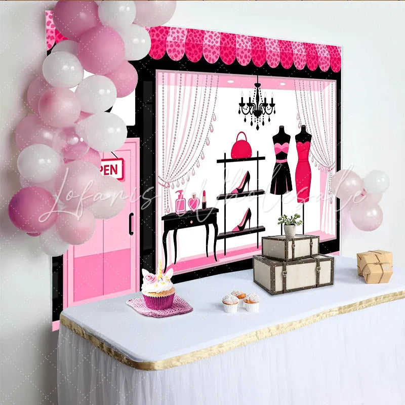 Lofaris Pink and Black Fashion Boutique Photography Backdrop with Elegant Shop Window Glamour Studio Background for Women and Girls
