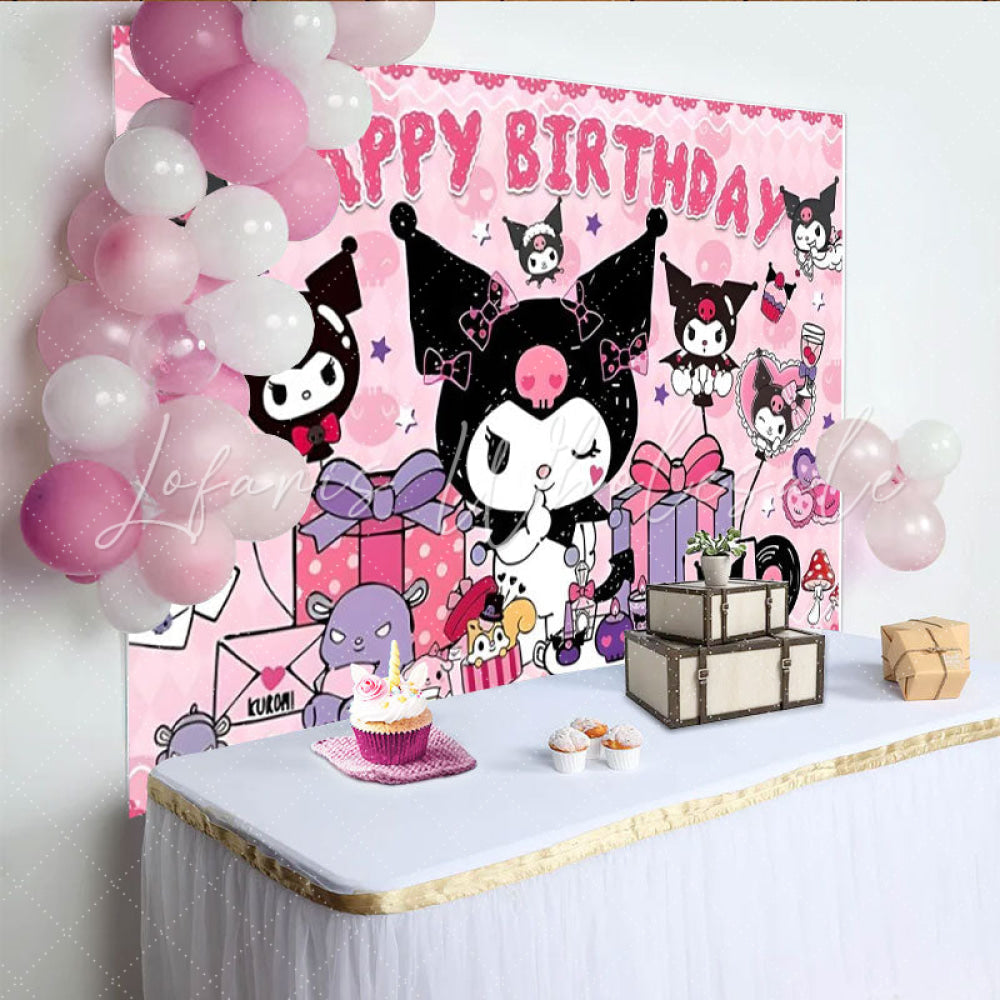 Lofaris Pink and Black Kuromi Themed Happy Birthday Backdrop Gothic Cartoon Bunny Cute Sanrio Inspired Party Decor for Girls