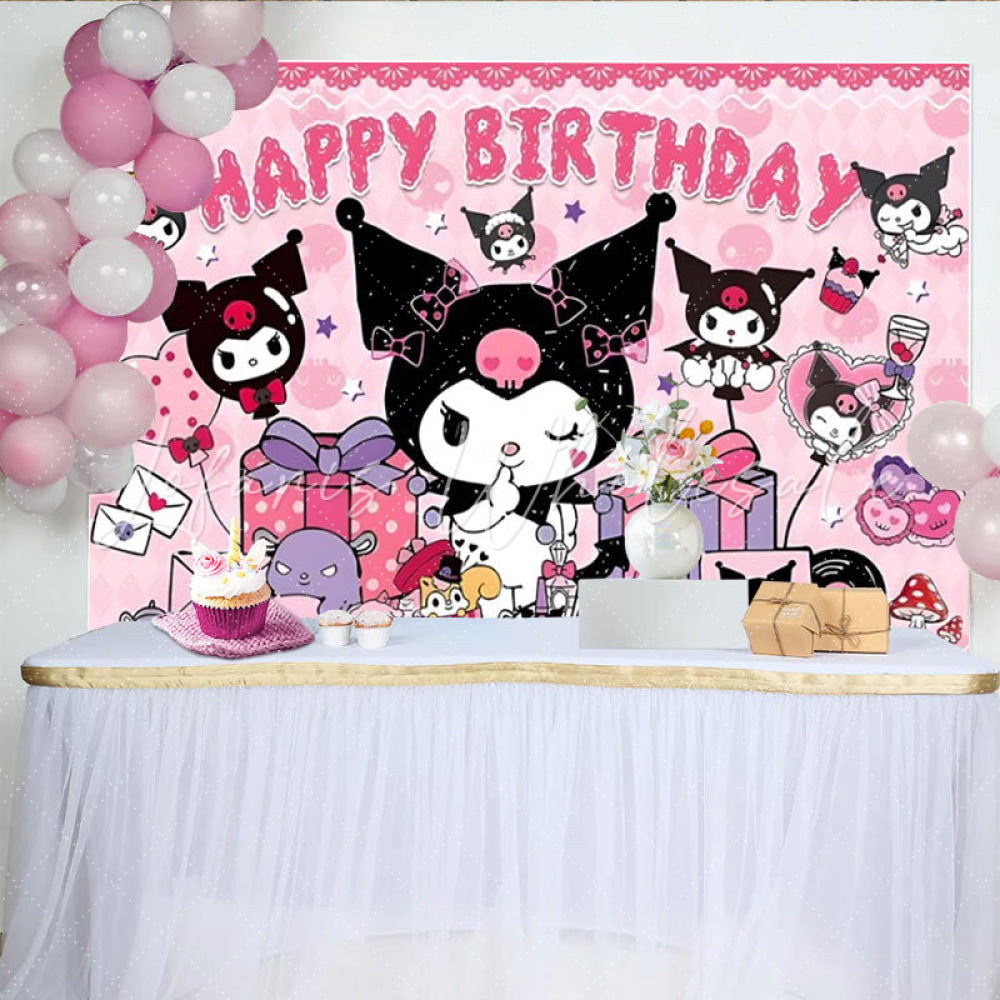 Lofaris Pink and Black Kuromi Themed Happy Birthday Backdrop Gothic Cartoon Bunny Cute Sanrio Inspired Party Decor for Girls