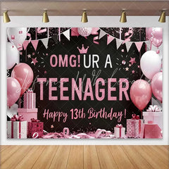 Lofaris Pink and Black OMG UR A TEENAGER Backdrop 13th Birthday Milestone Party Decoration