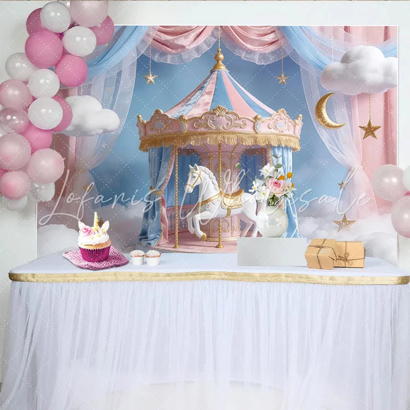 Lofaris Pink and Blue Carousel Photography Backdrop with White Horse Dreamy Studio Background for Baby Shower or Birthday Party.
