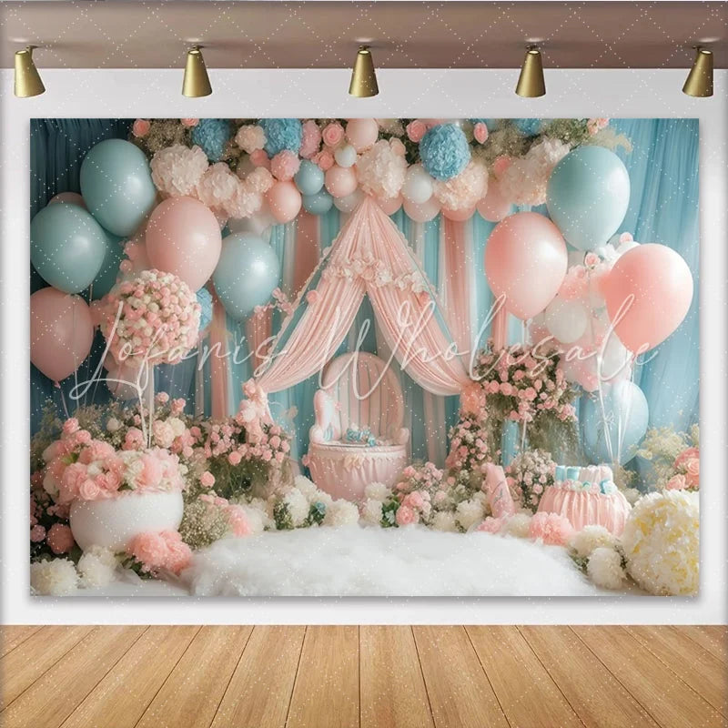 Lofaris Pink and Blue Floral Balloon Baby Shower Backdrop with Drapes and Chair Dreamy Photography Background for Gender Reveal Party