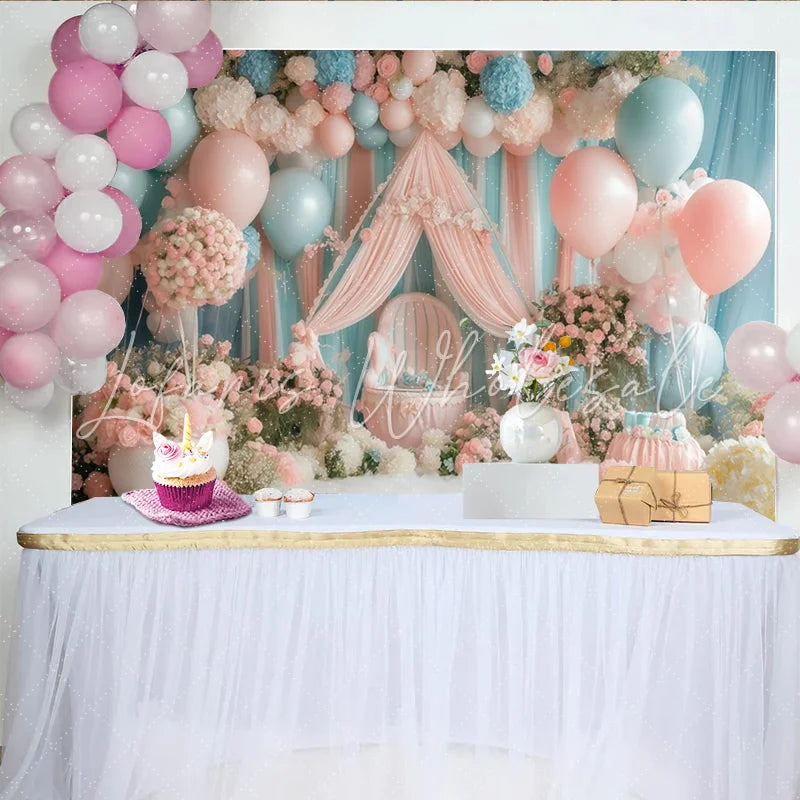 Lofaris Pink and Blue Floral Balloon Baby Shower Backdrop with Drapes and Chair Dreamy Photography Background for Gender Reveal Party