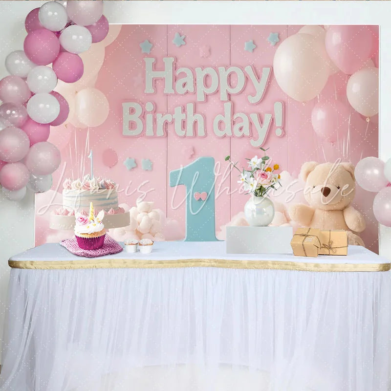 Lofaris Pink and Blue Happy 1st Birthday Party Backdrop with Balloons and Cake Teddy Bear Baby Girl Decor
