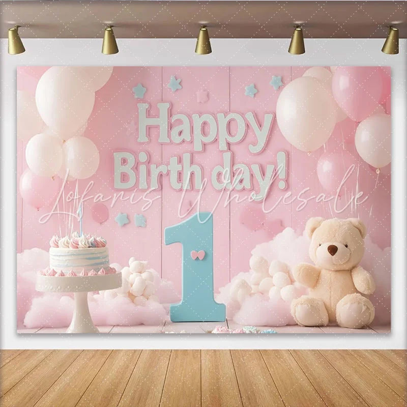 Lofaris Pink and Blue Happy 1st Birthday Party Backdrop with Balloons and Cake Teddy Bear Baby Girl Decor