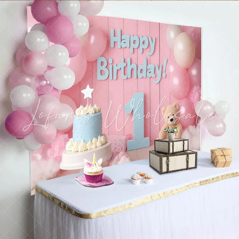 Lofaris Pink and Blue Happy Birthday 1st Party Backdrop with Balloons Cake and Teddy Bear Baby Shower Decor