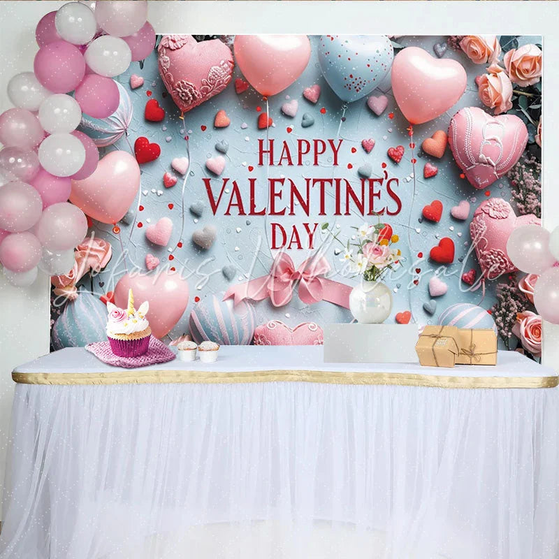 Lofaris Pink and Blue Heart Balloons Valentine’s Day Backdrop Happy Valentine’s Day Roses Photography Background