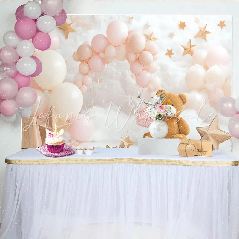 Lofaris Pink and Cream Teddy Bear Baby Shower Backdrop with Balloons and Stars Dreamy Cloud Photography Background for Newborn Photoshoot