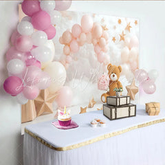 Lofaris Pink and Cream Teddy Bear Baby Shower Backdrop with Balloons and Stars Dreamy Cloud Photography Background for Newborn Photoshoot