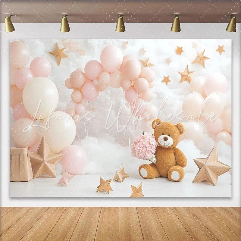 Lofaris Pink and Cream Teddy Bear Baby Shower Backdrop with Balloons and Stars Dreamy Cloud Photography Background for Newborn Photoshoot
