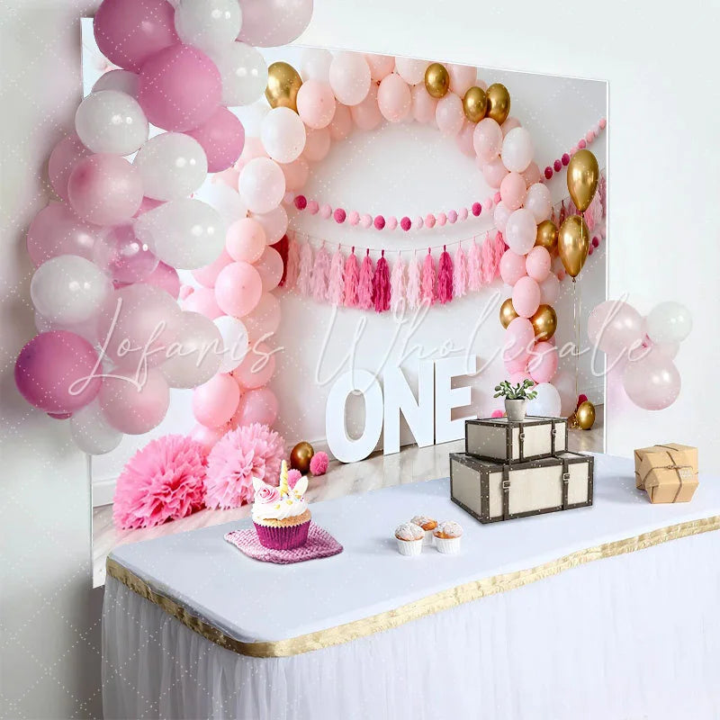 Lofaris Pink and Gold Balloon Arch Birthday Cake Smash Backdrop ONE Sign and Tassel Garland Background