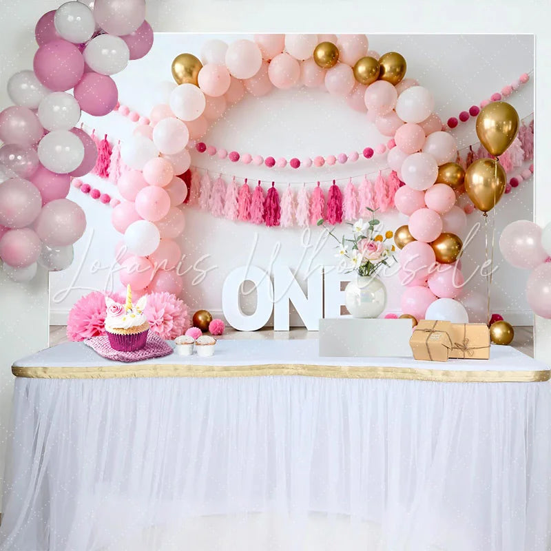Lofaris Pink and Gold Balloon Arch Birthday Cake Smash Backdrop ONE Sign and Tassel Garland Background