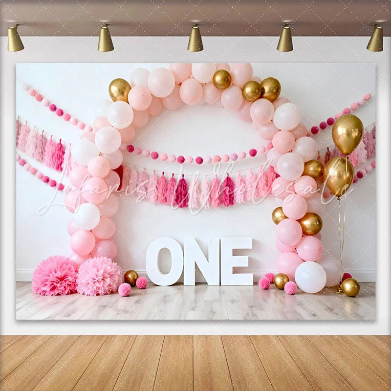 Lofaris Pink and Gold Balloon Arch Birthday Cake Smash Backdrop ONE Sign and Tassel Garland Background