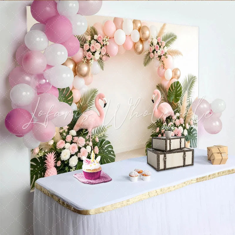 Lofaris Pink and Gold Balloon Arch Flamingo Tropical Birthday Backdrop Lush Greenery and Roses Party Background for Girls Photoshoot