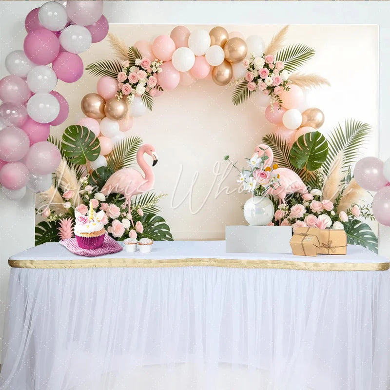 Lofaris Pink and Gold Balloon Arch Flamingo Tropical Birthday Backdrop Lush Greenery and Roses Party Background for Girls Photoshoot