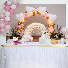 Lofaris Pink and Gold Balloon Arch Rainbow Backdrop Heart Clouds Wood Floor Photography Background for Birthday