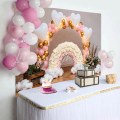 Lofaris Pink and Gold Balloon Arch Rainbow Backdrop Heart Clouds Wood Floor Photography Background for Birthday