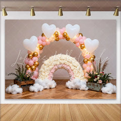 Lofaris Pink and Gold Balloon Arch Rainbow Backdrop Heart Clouds Wood Floor Photography Background for Birthday
