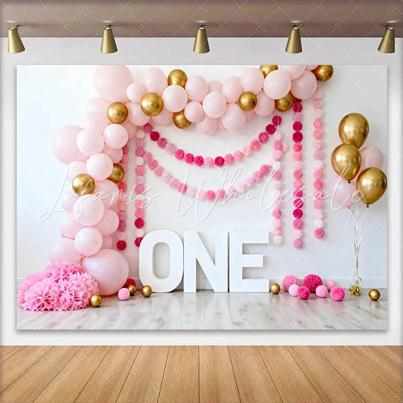 Lofaris Pink and Gold Balloon Birthday Cake Smash Backdrop ONE Sign and Pom Pom Garland Background