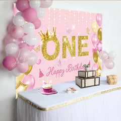 Lofaris Pink and Gold First Birthday Backdrop Glitter ONE with Crown and Balloon Party Background for Girls