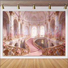 Lofaris Pink and Gold Grand Staircase Photography Backdrop with Roses Elegant Palace Background for Princess Party or Wedding Photoshoot.