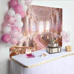 Lofaris Pink and Gold Grand Staircase Photography Backdrop with Roses Elegant Palace Background for Princess Party or Wedding Photoshoot.