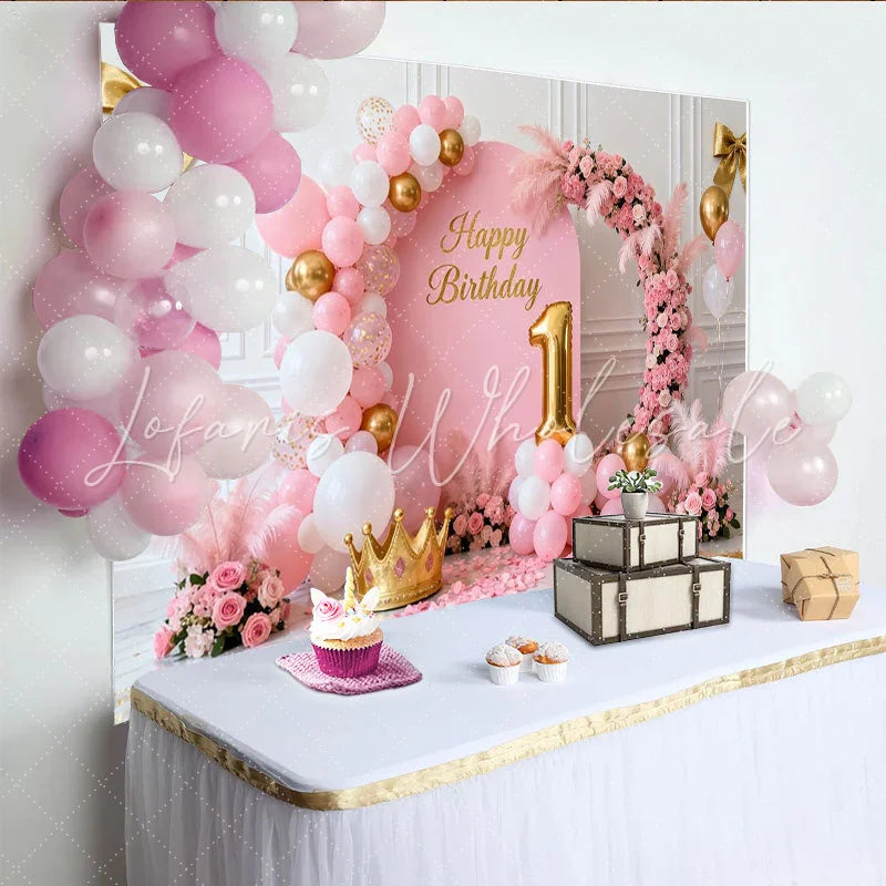 Lofaris Pink and Gold Happy 1st Birthday Party Backdrop Elegant Floral and Balloon Arch Princess Celebration Decor