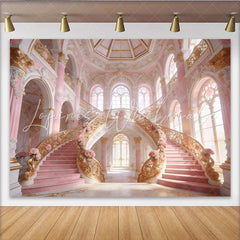 Lofaris Pink and Gold Palace Photography Backdrop with Grand Staircase and Roses Luxurious Studio Background for Elegant Photoshoot
