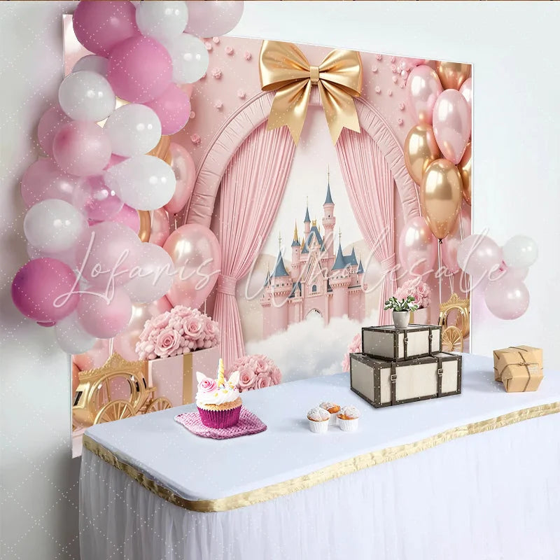 Lofaris Pink and Gold Princess Castle Birthday Backdrop with Balloons and Roses Fairy Tale Party Decor for Girls Photoshoot