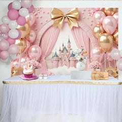 Lofaris Pink and Gold Princess Castle Birthday Backdrop with Balloons and Roses Fairy Tale Party Decor for Girls Photoshoot