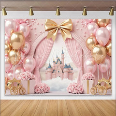 Lofaris Pink and Gold Princess Castle Birthday Backdrop with Balloons and Roses Fairy Tale Party Decor for Girls Photoshoot