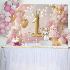 Lofaris Pink and Gold Princess First Birthday Party Backdrop with Crown Number 1 and Cake Happy Birthday Decor
