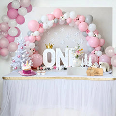 Lofaris Pink and Grey Winter ONEderland Backdrop Birthday Cake Smash Background with Snowflakes and Polar Bear