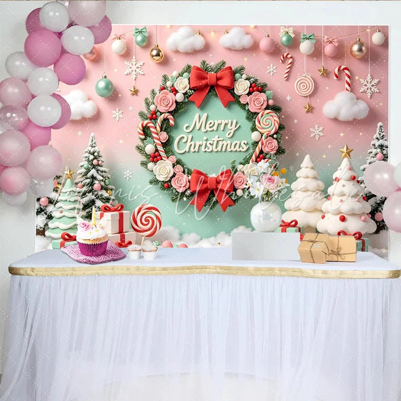 Lofaris Pink and Mint Christmas Wreath Backdrop with Snowy Trees Festive Holiday Photography Background for Winter