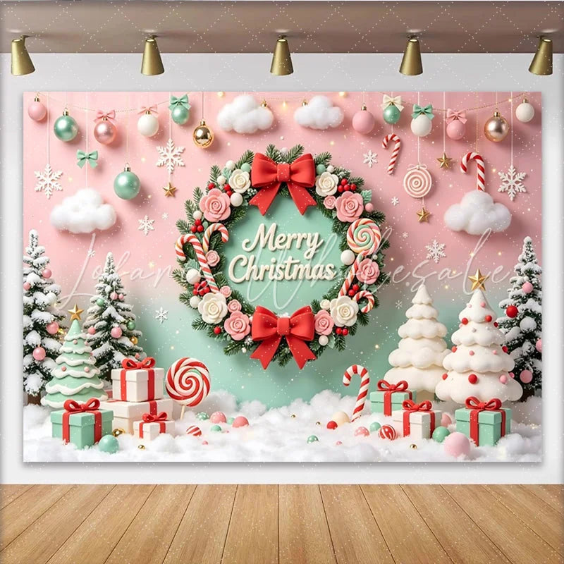 Lofaris Pink and Mint Christmas Wreath Backdrop with Snowy Trees Festive Holiday Photography Background for Winter