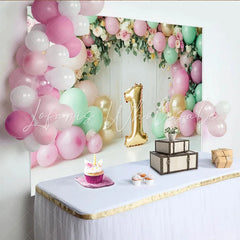 Lofaris Pink and Mint Green 1st Birthday Backdrop with Gold Number One Balloon Floral Garland Photography Background for Baby Girl Cake