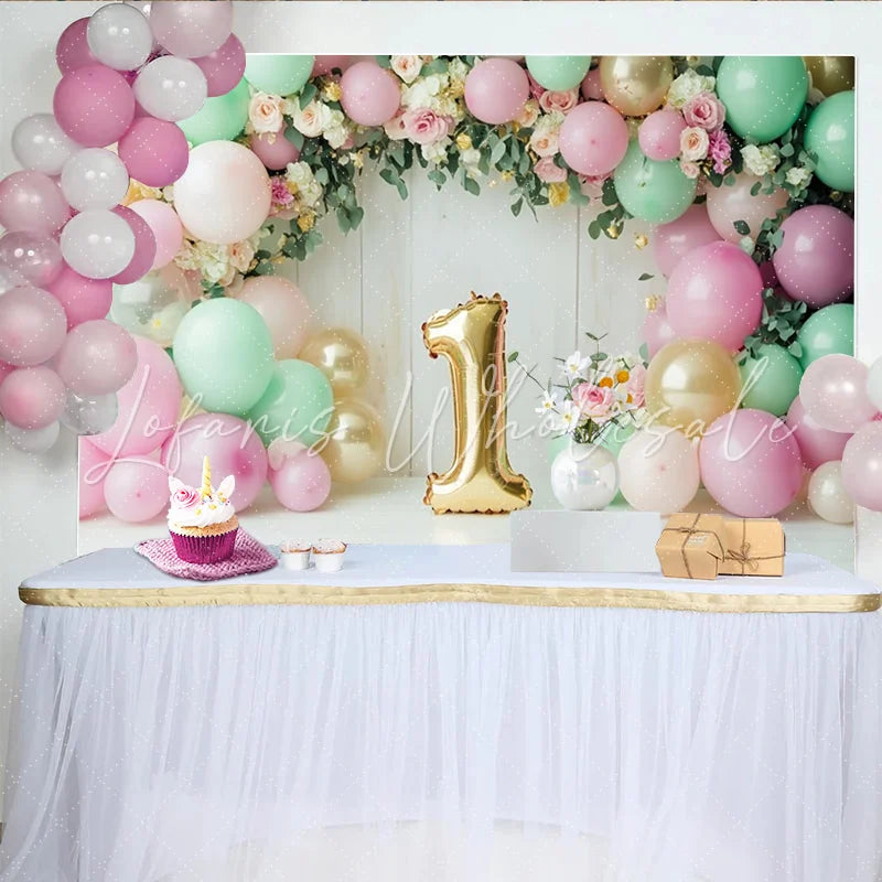 Lofaris Pink and Mint Green 1st Birthday Backdrop with Gold Number One Balloon Floral Garland Photography Background for Baby Girl Cake