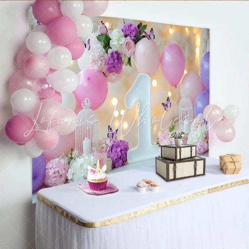 Lofaris Pink and Purple Balloons Flowers 1st Birthday Party Backdrop with Butterflies Elegant Baby Girl Celebration