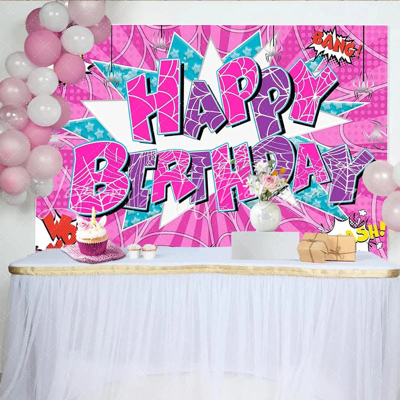 Lofaris Pink and Purple Comic Book Birthday Backdrop with Spider Webs Pop Art Style Party Background for Girls Photoshoot