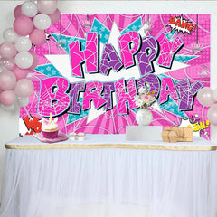 Lofaris Pink and Purple Comic Book Birthday Backdrop with Spider Webs Pop Art Style Party Background for Girls Photoshoot