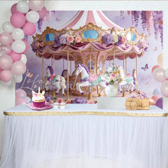 Lofaris Pink and Purple Floral Carousel Birthday Backdrop for Girls Whimsical Princess Party Photography Background Decor