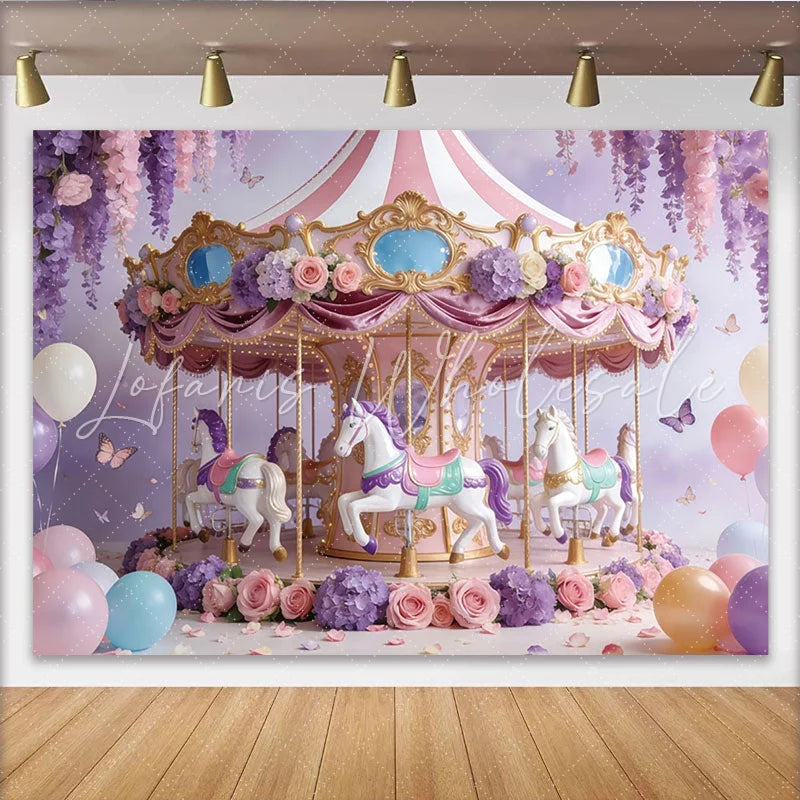Lofaris Pink and Purple Floral Carousel Birthday Backdrop for Girls Whimsical Princess Party Photography Background Decor
