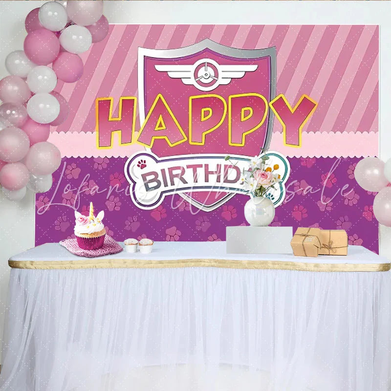 Lofaris Pink and Purple Striped Happy Birthday Party Backdrop featuring a Winged Emblem and Cute Paw Prints