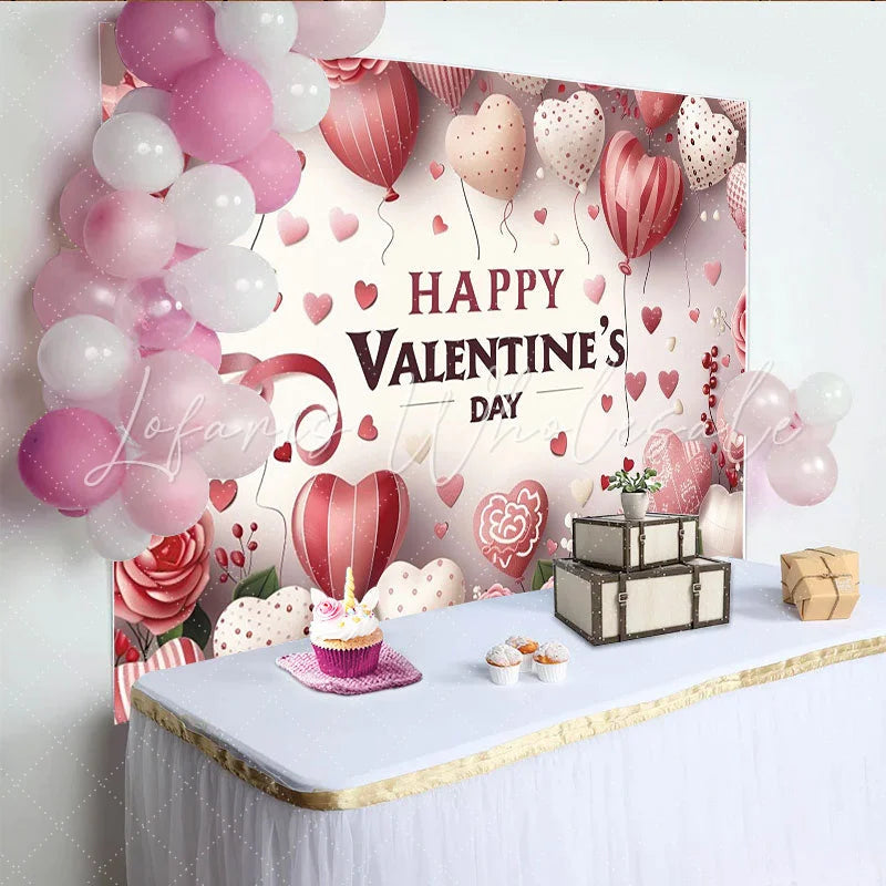 Lofaris Pink and Red Heart Balloons Valentine’s Day Backdrop Romantic Roses and Ribbons Party Decor