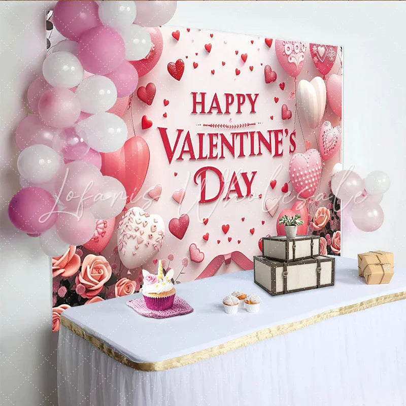 Lofaris Pink and Red Heart Balloons Valentine’s Day Backdrop Romantic Roses and Ribbons Party Decor for Celebration