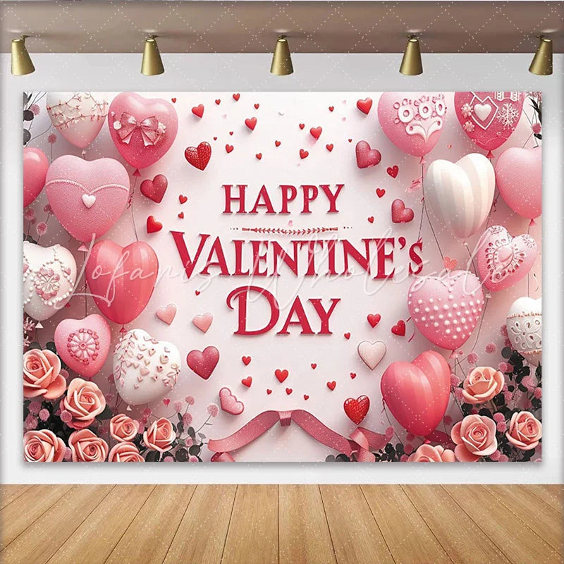 Lofaris Pink and Red Heart Balloons Valentine’s Day Backdrop Romantic Roses and Ribbons Party Decor for Celebration