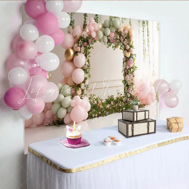 Lofaris Pink and Sage Green Floral Balloon Baby Shower Backdrop Elegant Arch Photography Background for Party Decor