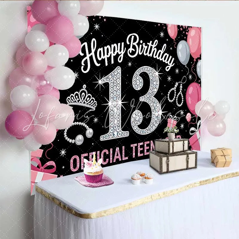 Lofaris Pink and Silver 13th Birthday Backdrop Official Teenager 13 Tiara and Pearls Party Decoration